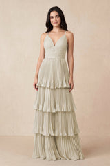 Tiered Pleated V - Neck A - Line Chiffon Bridesmaid Dress in Dove Gray - KissProm Bridesmaid Dresses