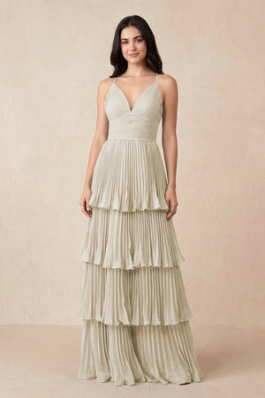 Tiered Pleated V - Neck A - Line Chiffon Bridesmaid Dress in Dove Gray - KissProm Bridesmaid Dresses