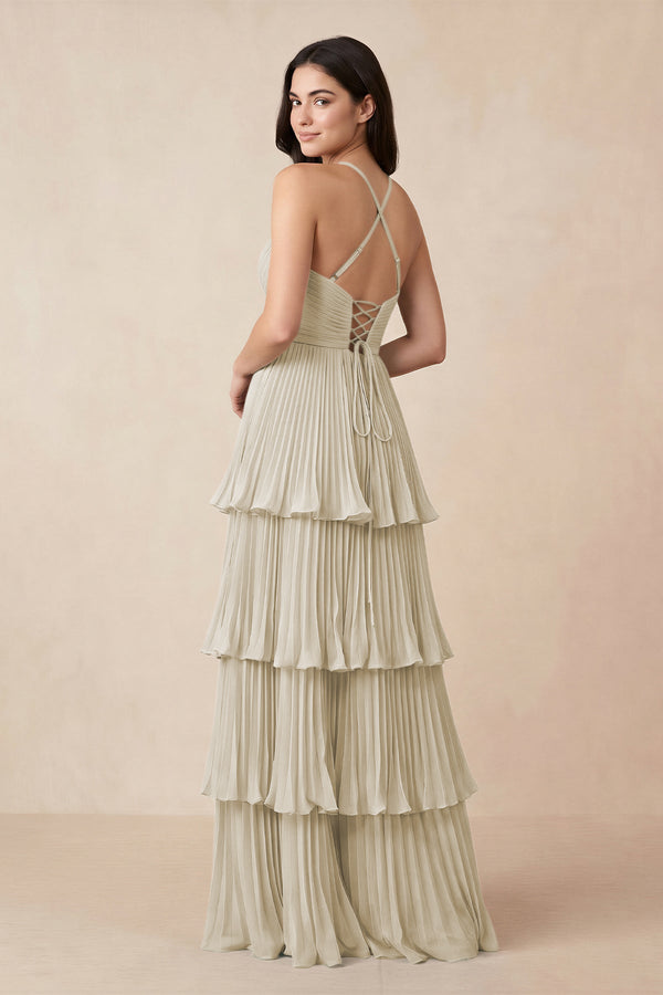 Tiered Pleated V - Neck A - Line Chiffon Bridesmaid Dress in Dove Gray - KissProm Bridesmaid Dresses