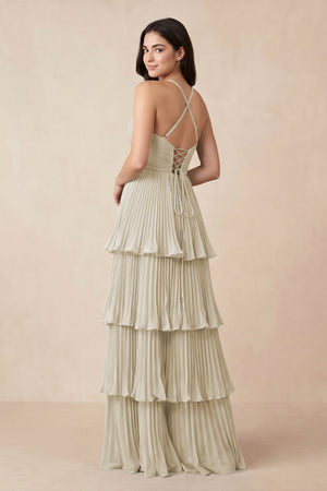 Tiered Pleated V - Neck A - Line Chiffon Bridesmaid Dress in Dove Gray - KissProm Bridesmaid Dresses