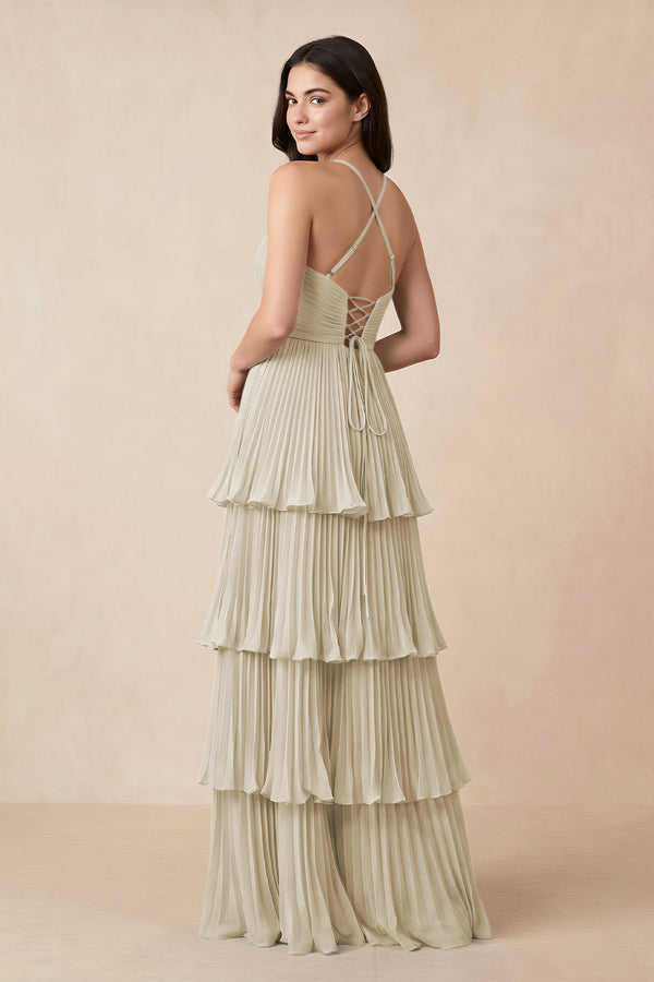 Tiered Pleated V - Neck A - Line Chiffon Bridesmaid Dress in Dove Gray - KissProm Bridesmaid Dresses