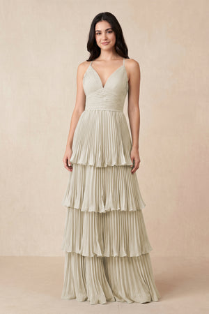 Tiered Pleated V - Neck A - Line Chiffon Bridesmaid Dress in Dove Gray - KissProm Bridesmaid Dresses