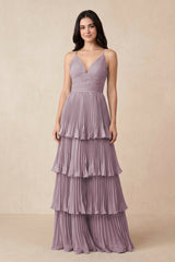 Tiered Pleated V - Neck A - Line Chiffon Bridesmaid Dress in Dusk - KissProm Bridesmaid Dresses
