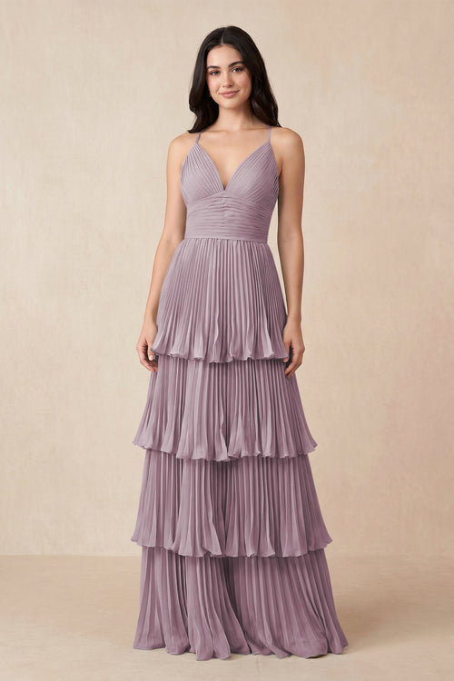 Tiered Pleated V - Neck A - Line Chiffon Bridesmaid Dress in Dusk - KissProm Bridesmaid Dresses