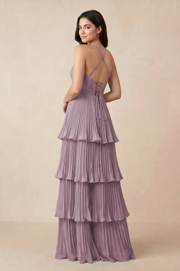 Tiered Pleated V - Neck A - Line Chiffon Bridesmaid Dress in Dusk - KissProm Bridesmaid Dresses