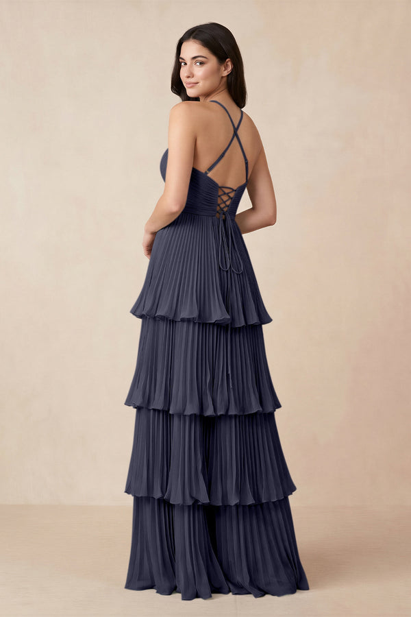 Tiered Pleated V - Neck A - Line Chiffon Bridesmaid Dress in Dusk Blue - KissProm Bridesmaid Dresses