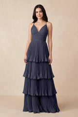 Tiered Pleated V - Neck A - Line Chiffon Bridesmaid Dress in Dusk Blue - KissProm Bridesmaid Dresses