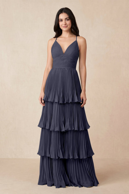 Tiered Pleated V - Neck A - Line Chiffon Bridesmaid Dress in Dusk Blue - KissProm Bridesmaid Dresses