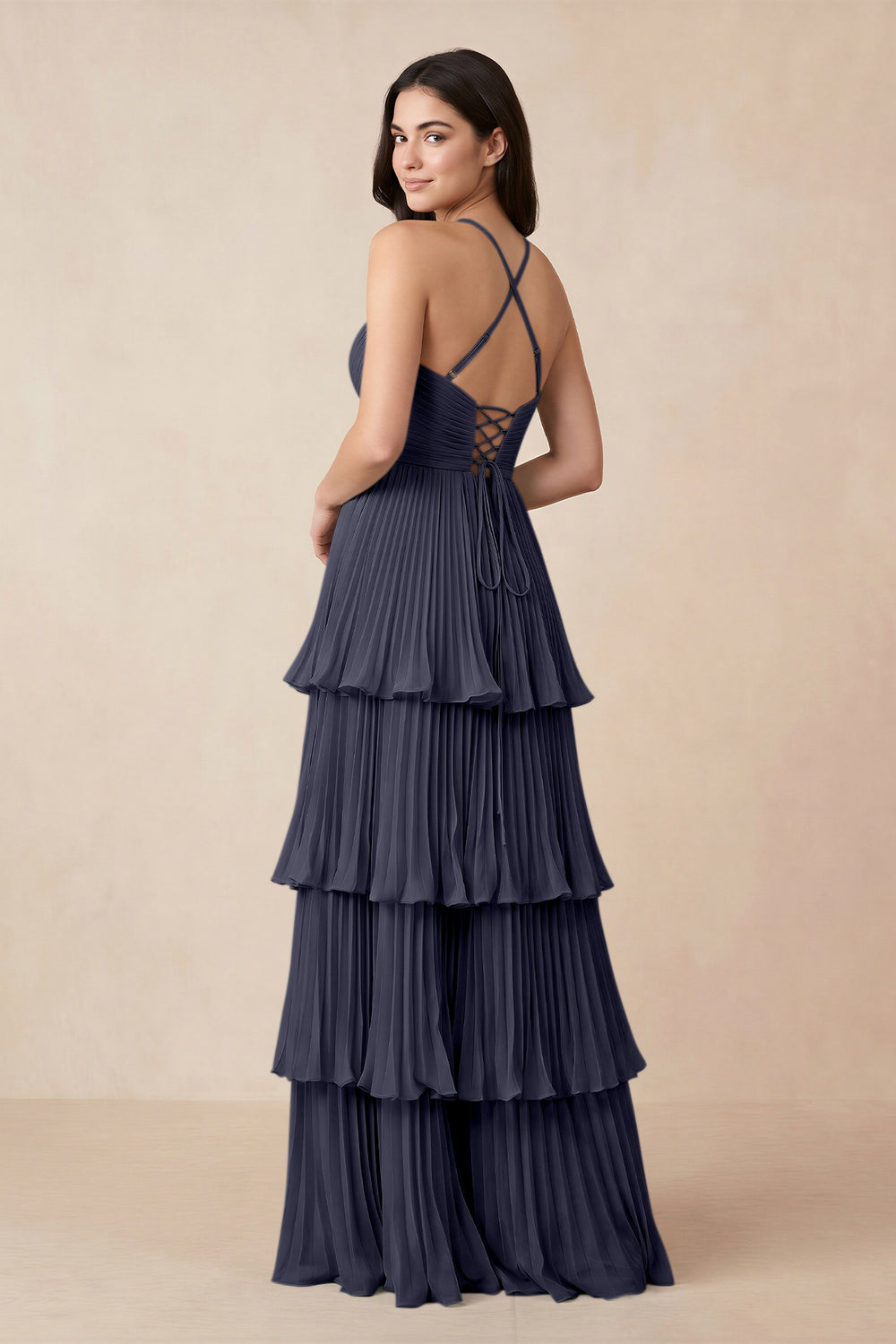 Tiered Pleated V - Neck A - Line Chiffon Bridesmaid Dress in Dusk Blue - KissProm Bridesmaid Dresses