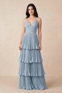 Tiered Pleated V - Neck A - Line Chiffon Bridesmaid Dress in Dusty Blue - KissProm Bridesmaid Dresses
