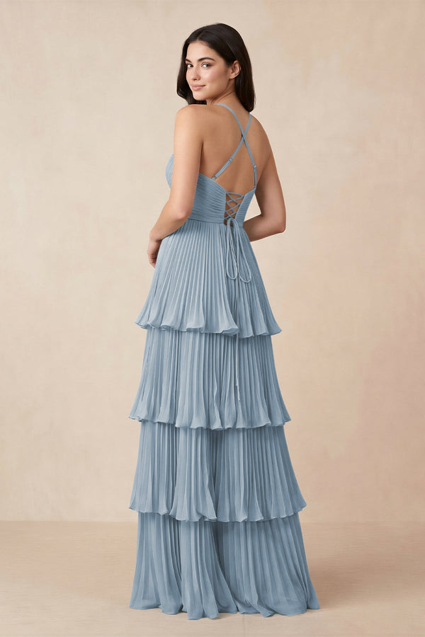 Tiered Pleated V - Neck A - Line Chiffon Bridesmaid Dress in Dusty Blue - KissProm Bridesmaid Dresses