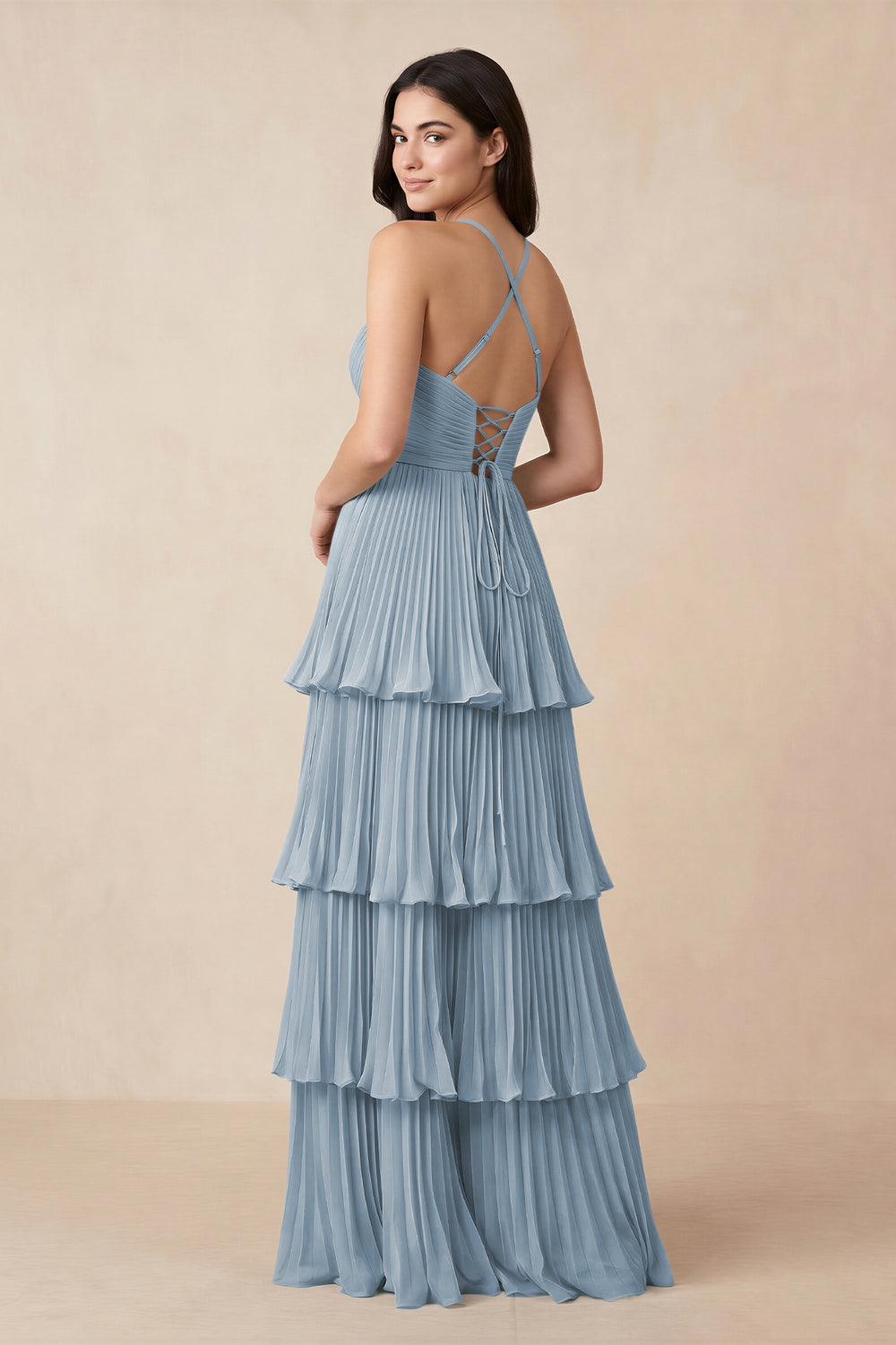 Tiered Pleated V - Neck A - Line Chiffon Bridesmaid Dress in Dusty Blue - KissProm Bridesmaid Dresses