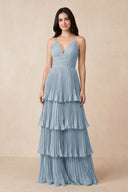 Tiered Pleated V - Neck A - Line Chiffon Bridesmaid Dress in Dusty Blue - KissProm Bridesmaid Dresses