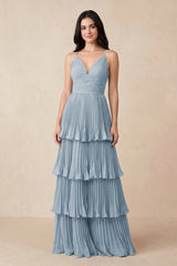 Tiered Pleated V - Neck A - Line Chiffon Bridesmaid Dress in Dusty Blue - KissProm Bridesmaid Dresses
