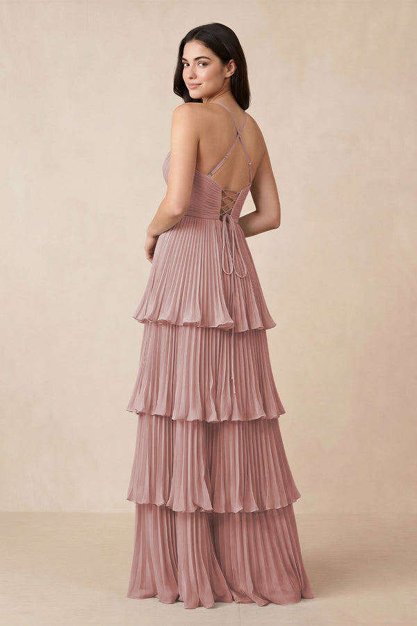 Tiered Pleated V - Neck A - Line Chiffon Bridesmaid Dress in Dusty Rose - KissProm Bridesmaid Dresses