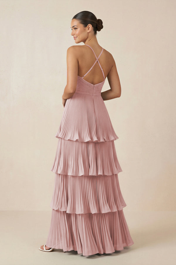 KissProm | V-Neck Bridesmaid dress with Tiered Pleats in Dusty Rose KissProm | V-Neck Bridesmaid dress with Tiered Pleats in Dusty Rose