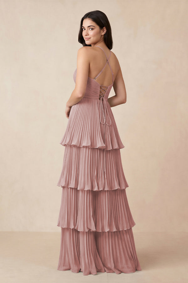 Tiered Pleated V - Neck A - Line Chiffon Bridesmaid Dress in Dusty Rose - KissProm Bridesmaid Dresses