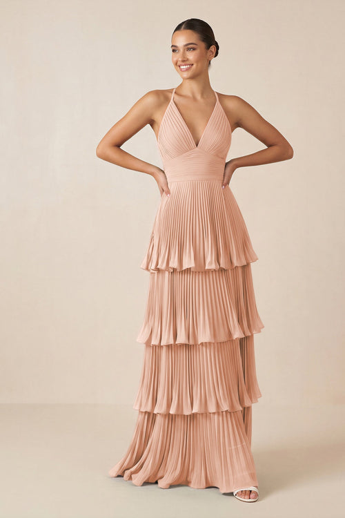 KissProm | V-Neck Bridesmaid dress with Tiered Pleats in English Rose KissProm | V-Neck Bridesmaid dress with Tiered Pleats in English Rose