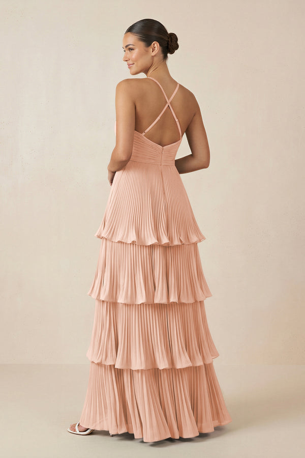 Tiered Pleated V-Neck A-Line Chiffon Bridesmaid Dress in English Rose