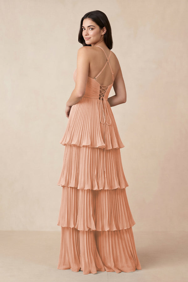 Tiered Pleated V - Neck A - Line Chiffon Bridesmaid Dress in English Rose - KissProm Bridesmaid Dresses