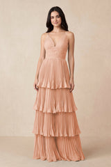 Tiered Pleated V - Neck A - Line Chiffon Bridesmaid Dress in English Rose - KissProm Bridesmaid Dresses