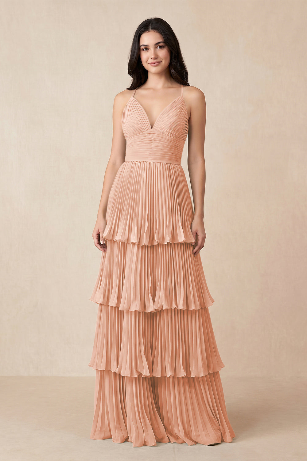 Tiered Pleated V - Neck A - Line Chiffon Bridesmaid Dress in English Rose - KissProm Bridesmaid Dresses