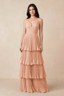 Tiered Pleated V - Neck A - Line Chiffon Bridesmaid Dress in English Rose - KissProm Bridesmaid Dresses