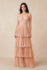 Tiered Pleated V - Neck A - Line Chiffon Bridesmaid Dress in English Rose - KissProm Bridesmaid Dresses