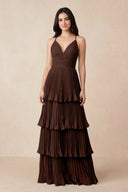 Tiered Pleated V-Neck A-Line Chiffon Bridesmaid Dress in Espresso