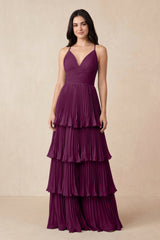 Tiered Pleated V - Neck A - Line Chiffon Bridesmaid Dress in Fig - KissProm Bridesmaid Dresses