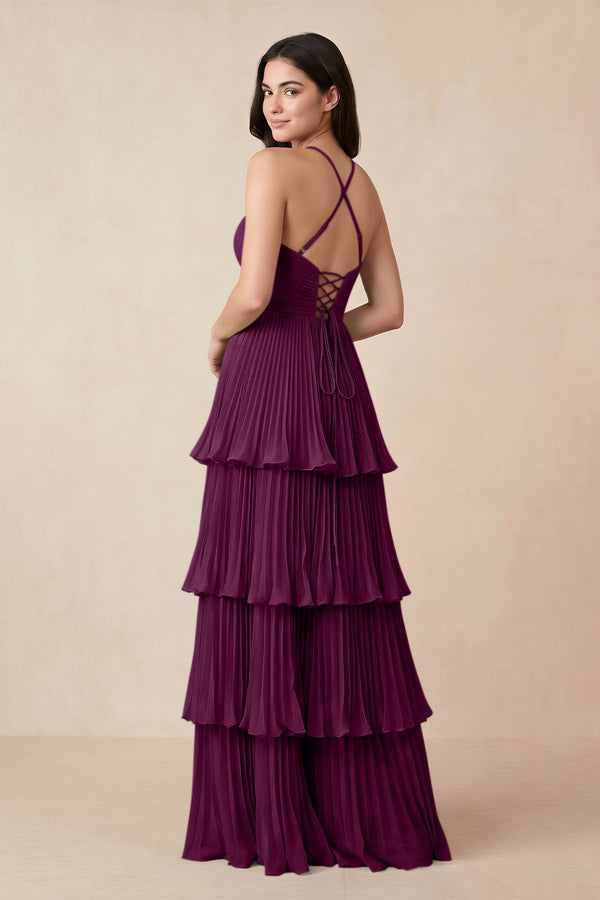 Tiered Pleated V - Neck A - Line Chiffon Bridesmaid Dress in Fig - KissProm Bridesmaid Dresses