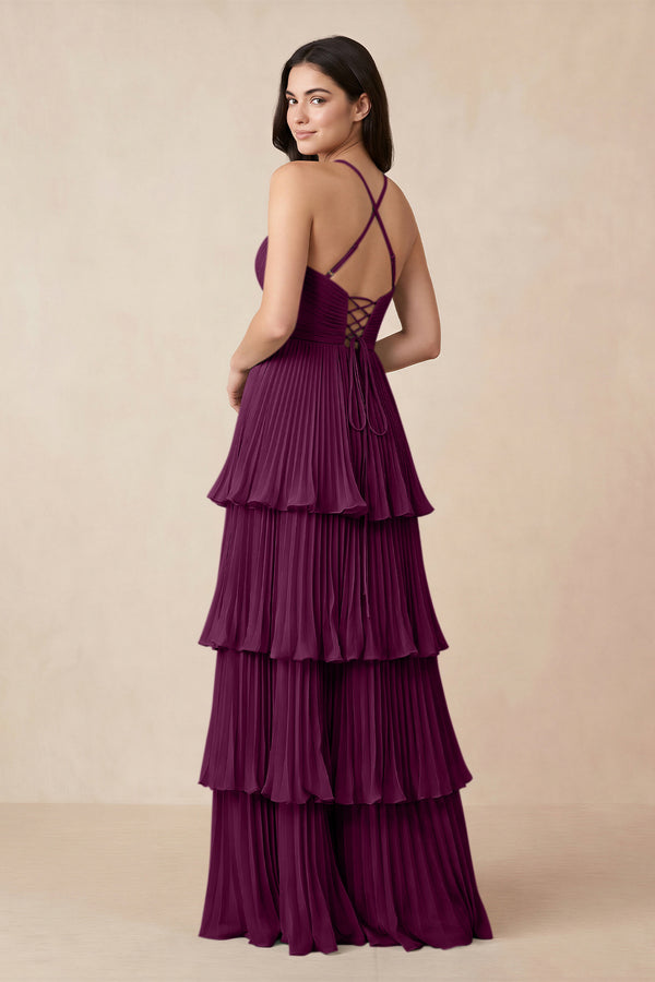 Tiered Pleated V - Neck A - Line Chiffon Bridesmaid Dress in Fig - KissProm Bridesmaid Dresses