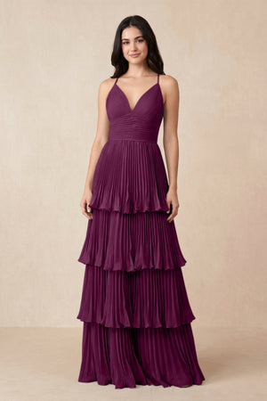 Tiered Pleated V - Neck A - Line Chiffon Bridesmaid Dress in Fig - KissProm Bridesmaid Dresses