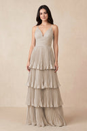 Tiered Pleated V - Neck A - Line Chiffon Bridesmaid Dress in Frost - KissProm Bridesmaid Dresses