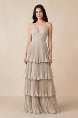 Tiered Pleated V - Neck A - Line Chiffon Bridesmaid Dress in Frost - KissProm Bridesmaid Dresses