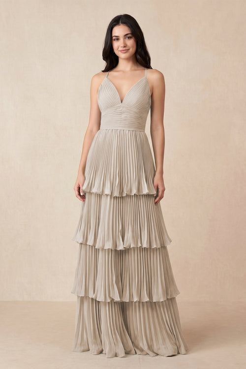 Tiered Pleated V - Neck A - Line Chiffon Bridesmaid Dress in Frost - KissProm Bridesmaid Dresses