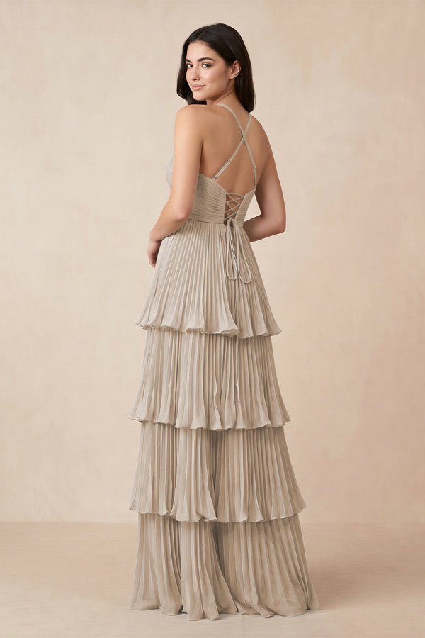 Tiered Pleated V - Neck A - Line Chiffon Bridesmaid Dress in Frost - KissProm Bridesmaid Dresses