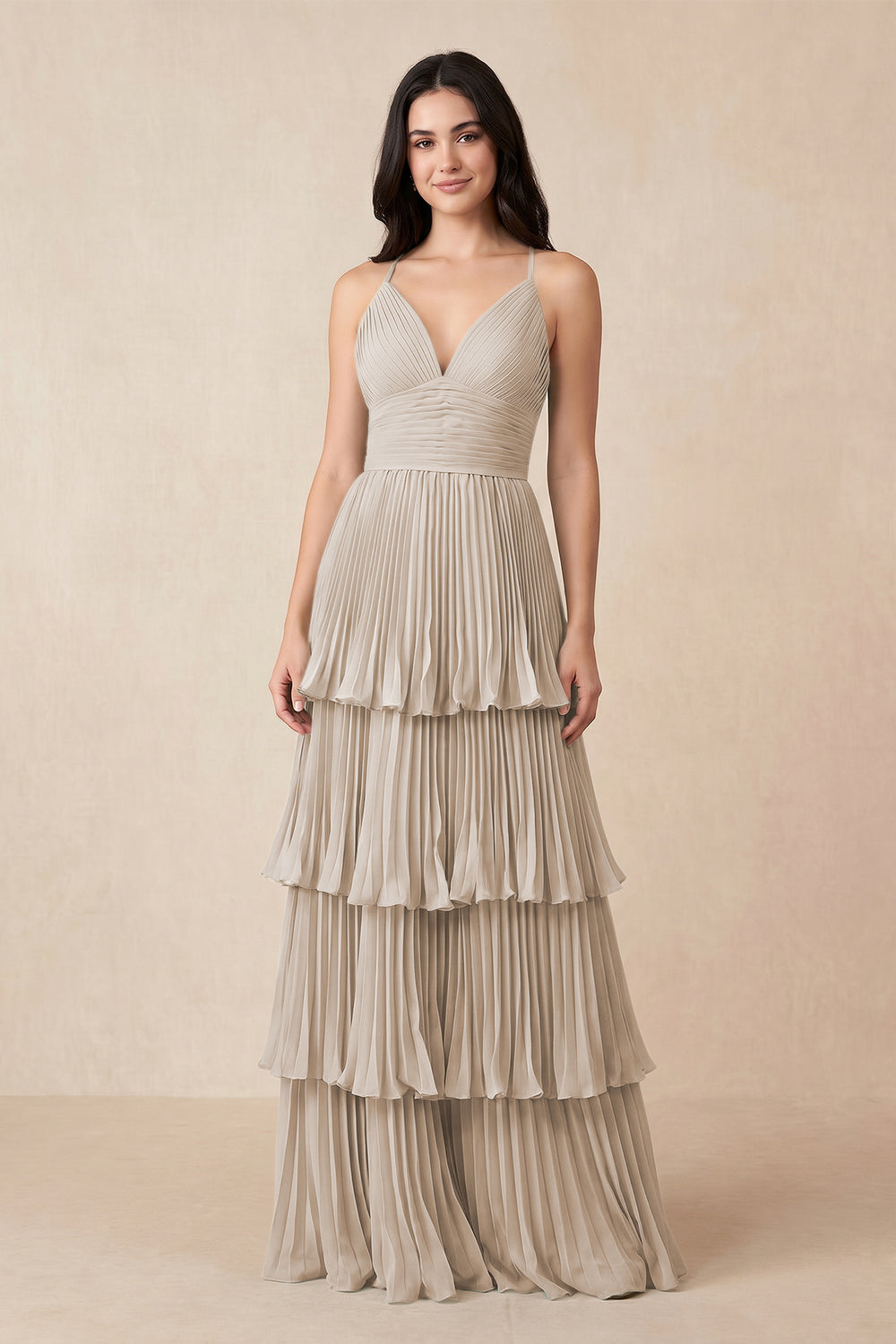 Tiered Pleated V - Neck A - Line Chiffon Bridesmaid Dress in Frost - KissProm Bridesmaid Dresses