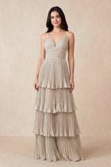 Tiered Pleated V - Neck A - Line Chiffon Bridesmaid Dress in Frost - KissProm Bridesmaid Dresses