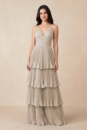 Tiered Pleated V - Neck A - Line Chiffon Bridesmaid Dress in Frost - KissProm Bridesmaid Dresses