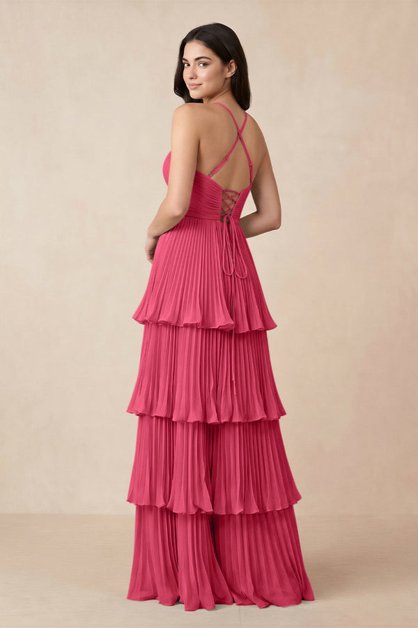 Tiered Pleated V - Neck A - Line Chiffon Bridesmaid Dress in Fuchsia - KissProm Bridesmaid Dresses