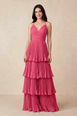 Tiered Pleated V - Neck A - Line Chiffon Bridesmaid Dress in Fuchsia - KissProm Bridesmaid Dresses