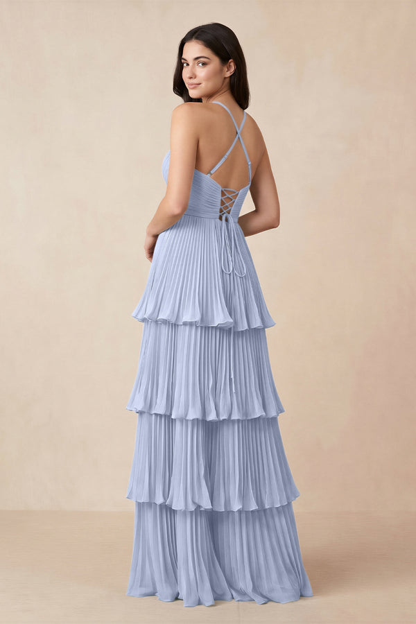 Tiered Pleated V - Neck A - Line Chiffon Bridesmaid Dress in Ice - KissProm Bridesmaid Dresses