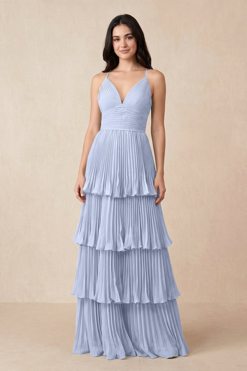 Tiered Pleated V - Neck A - Line Chiffon Bridesmaid Dress in Ice - KissProm Bridesmaid Dresses