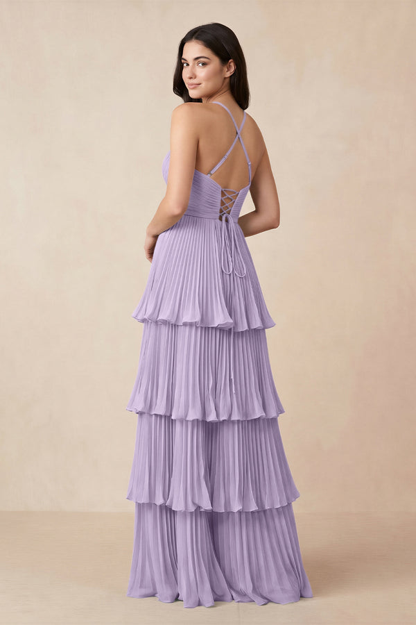Tiered Pleated V - Neck A - Line Chiffon Bridesmaid Dress in Lavender - KissProm Bridesmaid Dresses