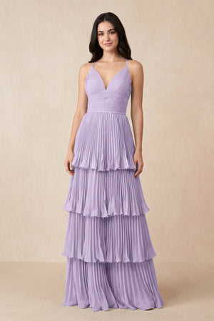 Tiered Pleated V - Neck A - Line Chiffon Bridesmaid Dress in Lavender - KissProm Bridesmaid Dresses