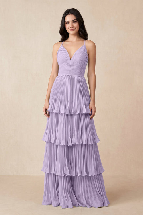 Tiered Pleated V - Neck A - Line Chiffon Bridesmaid Dress in Lavender - KissProm Bridesmaid Dresses