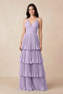 Tiered Pleated V - Neck A - Line Chiffon Bridesmaid Dress in Lavender - KissProm Bridesmaid Dresses