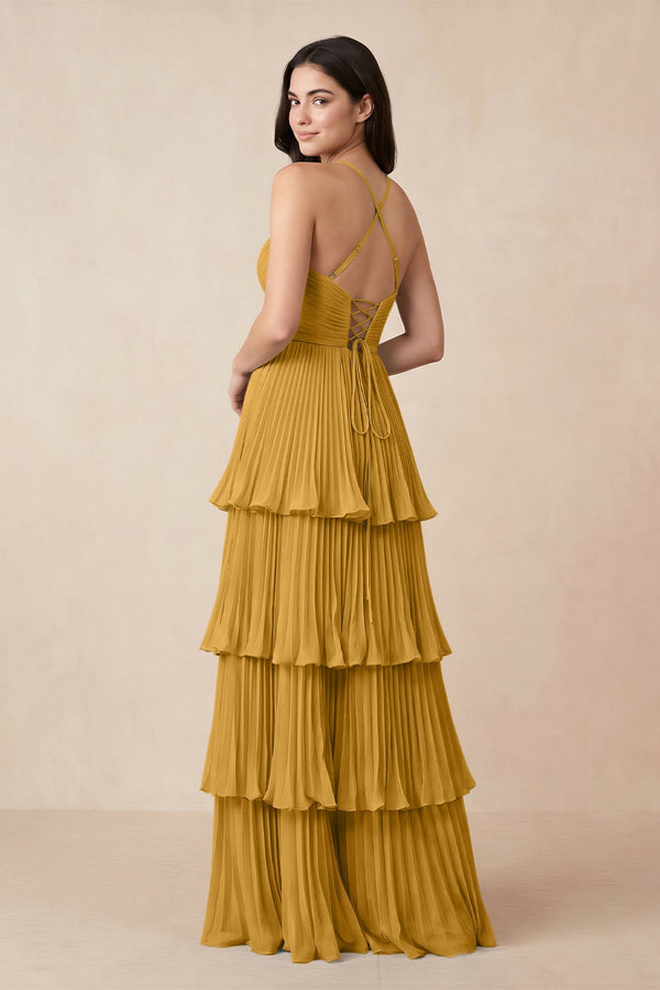 Tiered Pleated V - Neck A - Line Chiffon Bridesmaid Dress in Marigold - KissProm Bridesmaid Dresses