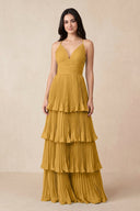 Tiered Pleated V - Neck A - Line Chiffon Bridesmaid Dress in Marigold - KissProm Bridesmaid Dresses